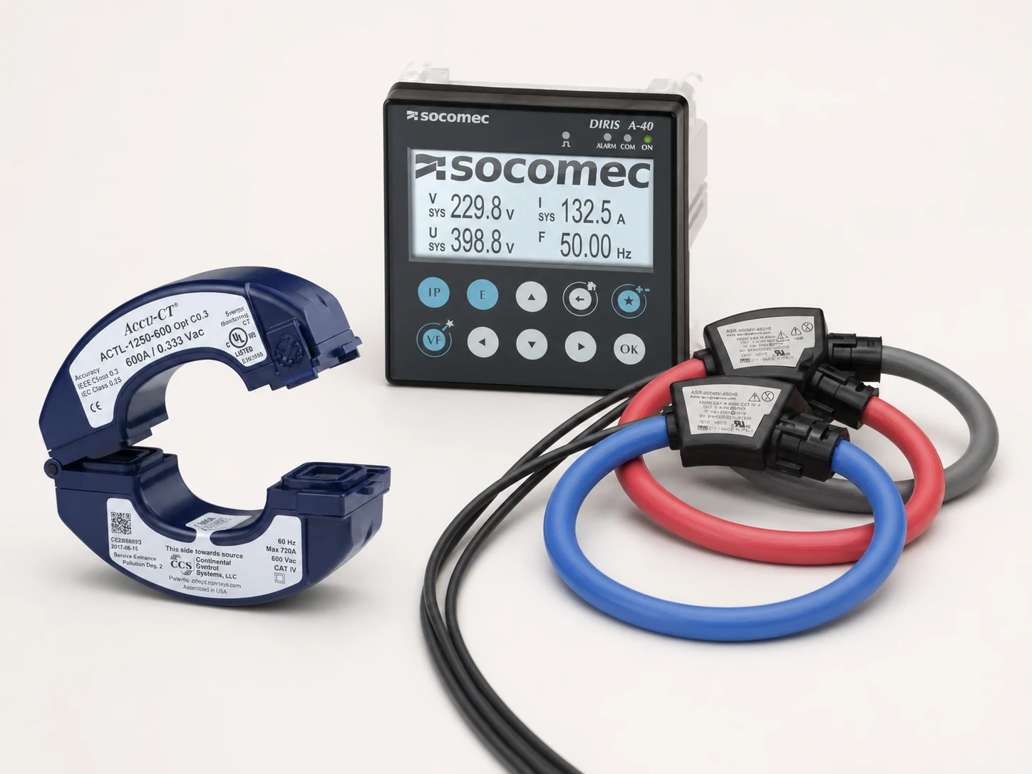 Socomec DIRIS A-40 meter, current transformer and AIM Rogowski coils